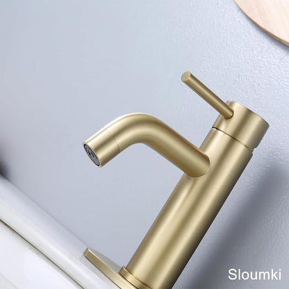 Bathroom Faucet Brushed Gold Modern Bathroom Sink Faucet with Single Handle Suitable for 1 or 3 Holes, Supply Deck Plate and Hose