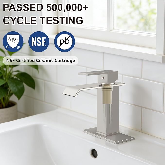 Midanya Waterfall Bathroom Sink Faucet 1 Hole,Brushed Nickel | with cUPC Hoses,Pop Up Drain,Deck Plate,for 1 or 3 hole sink,Vanity,RV,Lavatory,Basin,Farmhouse,Stainless Steel,Single Handle