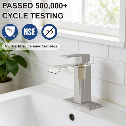 Midanya Waterfall Bathroom Sink Faucet 1 Hole,Brushed Nickel | with cUPC Hoses,Pop Up Drain,Deck Plate,for 1 or 3 hole sink,Vanity,RV,Lavatory,Basin,Farmhouse,Stainless Steel,Single Handle