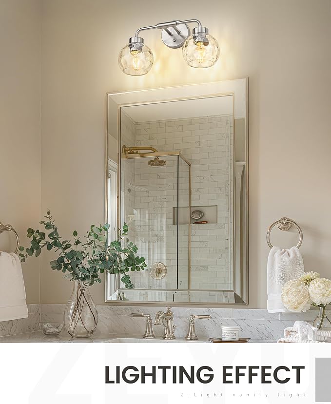 zeyu 16-Inch 2-Light Bathroom Lighting Over Mirror Fixture, ZS62BG-2W BN-WG | Compact Nickel Bathroom Light, 16-Inch 2-Light Design, Water Ripple Globe Glass, Hardwired, Up/Down Mount, ETL Listed