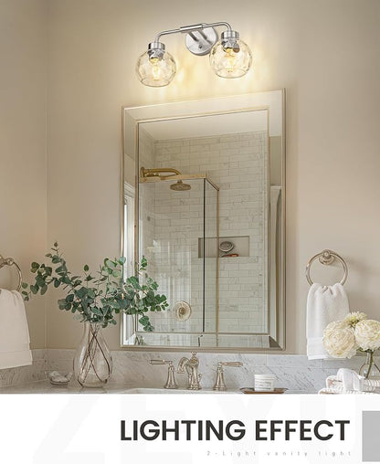 zeyu 16-Inch 2-Light Bathroom Lighting Over Mirror Fixture, ZS62BG-2W BN-WG | Compact Nickel Bathroom Light, 16-Inch 2-Light Design, Water Ripple Globe Glass, Hardwired, Up/Down Mount, ETL Listed
