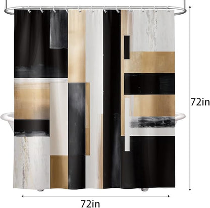 Black and Gold Abstract Shower Curtain Set, Modern Art Aesthetic Oil Painting Shower Curtain, Boho Neutral Artistic Fabric Waterproof Bathroom Curtains with 12PCS Hooks 72X72IN Brown Beige