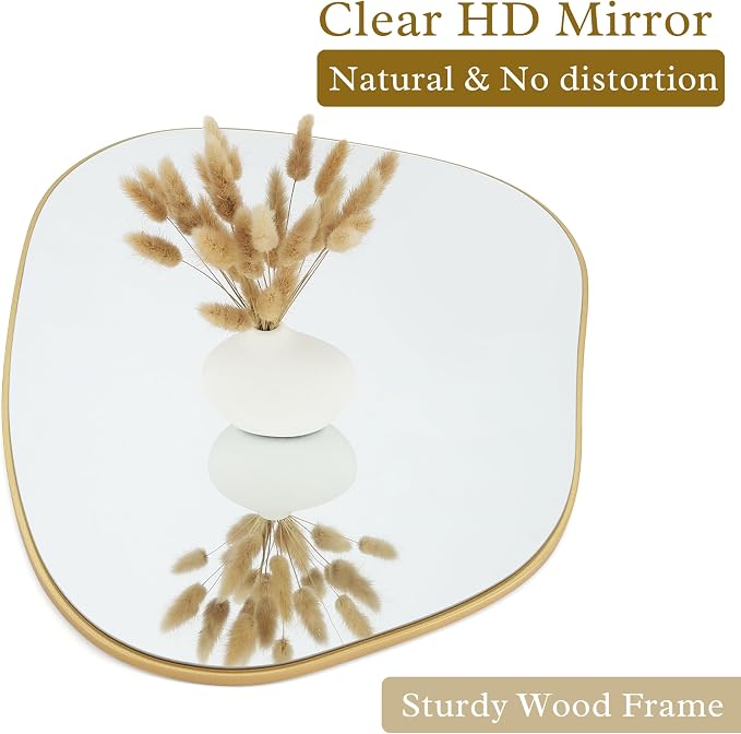 PERFNIQUE Irregular Asymmetrical Wall Mirror, 32"x24" Gold Bathroom Mirror | Decorative modern boho mirror with gold finish. HD glass mirror for bedroom, living room, entryway, mantel and vanity decor