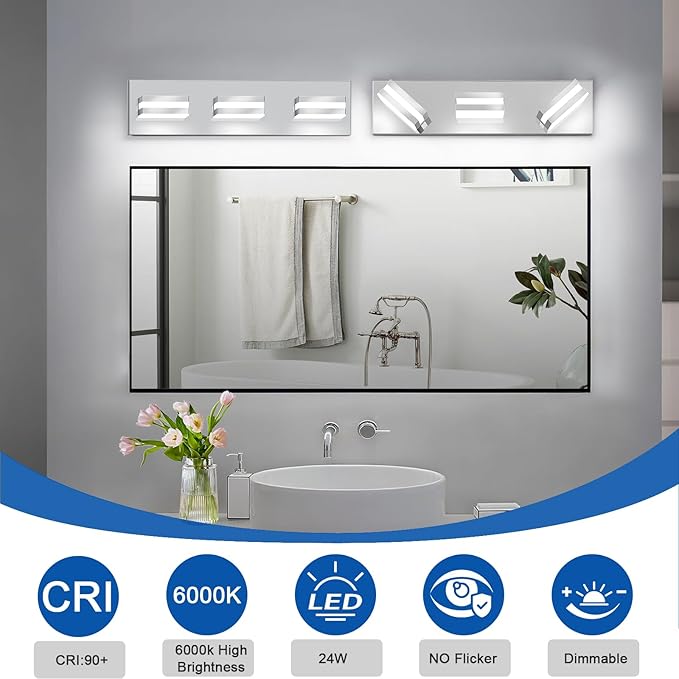 IZORRO LED Modern Bathroom Lights Fixtures(3-Light,Dimmable),Chrome Acrylic Wall Lighting,Vanity Lights for Bathroom Over Mirror - 6000k 16In （No Assembly Required）