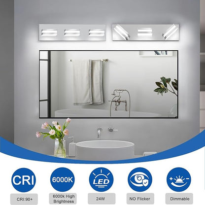 IZORRO LED Modern Bathroom Lights Fixtures(3-Light,Dimmable),Chrome Acrylic Wall Lighting,Vanity Lights for Bathroom Over Mirror - 6000k 16In （No Assembly Required）