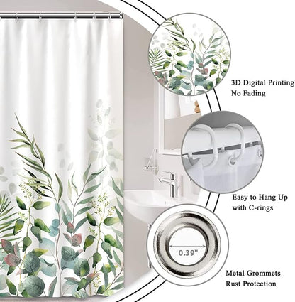 AWERT Stall Shower Curtain Plants for Bathroom,Waterproof Quick-Drying Green Leaves Stall Size Shower Curtain Set with Hooks 36x72 Inch