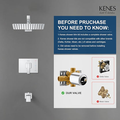 KENES Chrome Shower Set with Tub Faucet, Square Tub Shower Faucet Set | Shower Faucet with 10-Inch Rain Shower Head, Square Shower System, Valve Included, Lead-Free cUPC & NSF Certified, Stainless