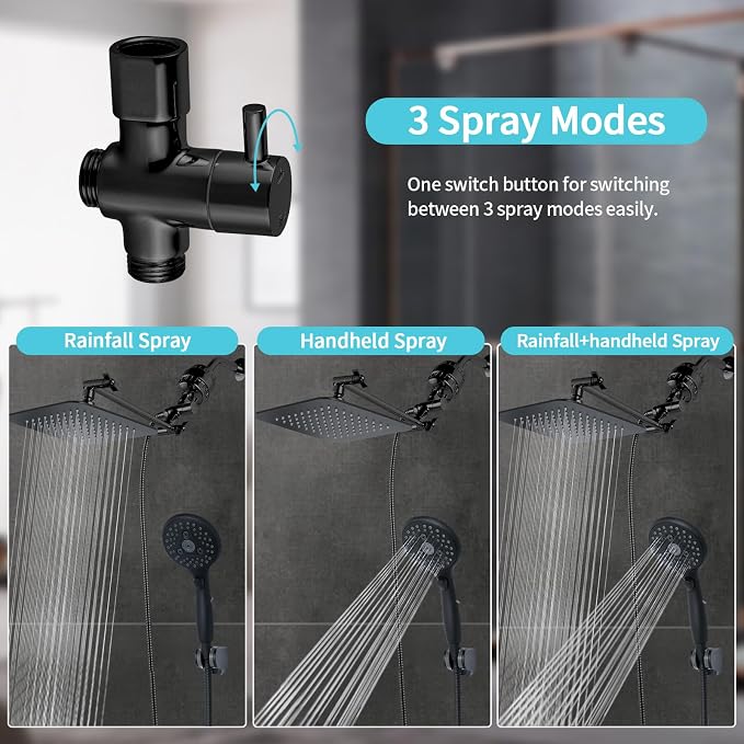 8'' Dual 20 Stage Filtered Shower Head with Handheld, 6 Spray Settings Handheld Shower Head High Pressure Rainfall Filter Combo with 12'' Adjustable Extension Arm, 71'' Shower Hose (Matte Black)