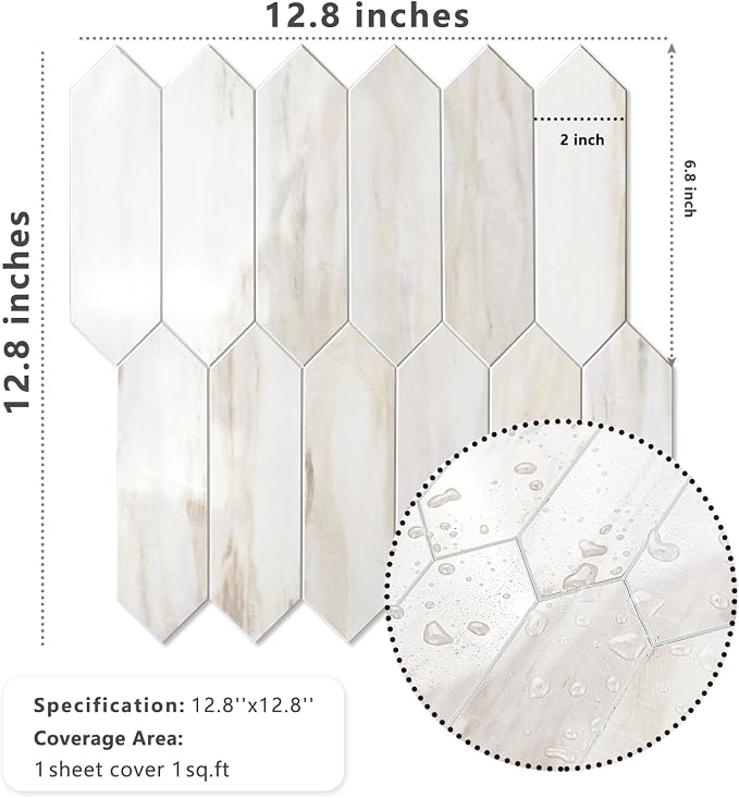Vamos Tile 1 Sheet Glossy Wood Marble Grain Backsplash Tile Peel and Stick, 12.8 x 12.8 Inch Long Hexagon PVC Self Adhesive Mosaic Wall Tiles Stick on Backsplash for Kitchen,Bathroom,Fireplace