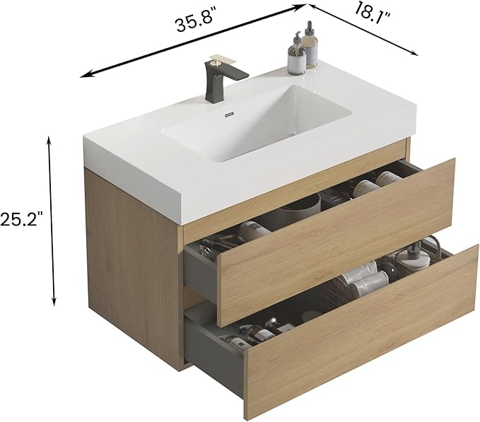 36" Floating Bathroom Vanity with Sink, Modern Bathroom Cabinet with Top and Soft Close Drawers, Spacious Storage for Small Space, Natural Oak - Lavanda Collection