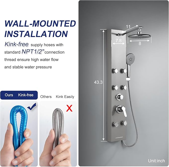 ROVATE Rainfall Shower Panel Tower System with Adjsutable Powerful Body Massage Jets, Flexible Handheld and Waterfall Tub Spout, Stainless Steel High Pressure Shower Column with Brass Valve Body