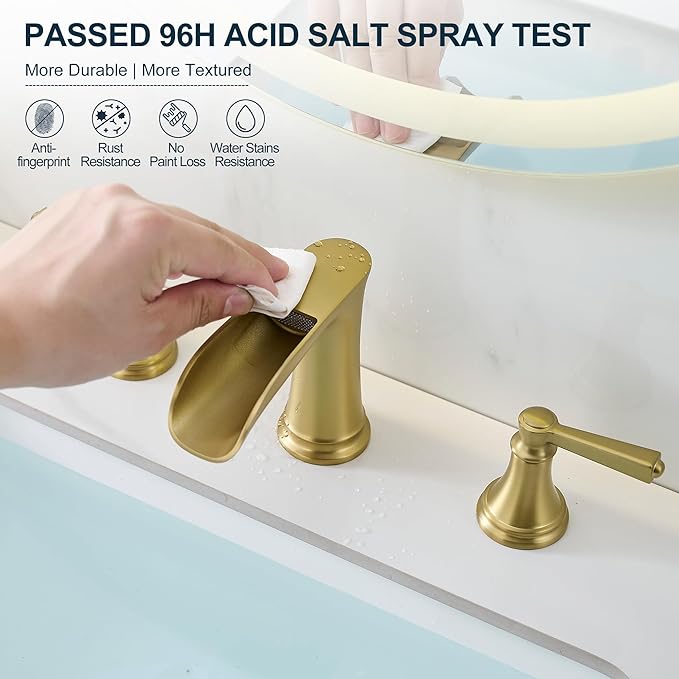 8 Inch Brushed Gold Bathroom Faucet 3 Hole, Brass Waterfall Bathroom Faucets Widespread 2 Handle with Pop up Drain & Pre-Installed cUPC Supply Lines for Vanity, 10 Mins Quick Installation