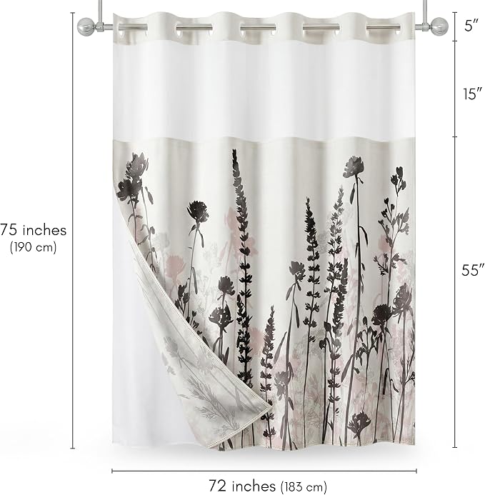 Americanflat 72x75 Hookless Shower Curtain - Water-Resistant Floral Shower Curtain with Sheer Panel, Snap-in Liner, and Grommets - 100% Polyester - Botanical Bathroom Curtains - Black, Pink and White