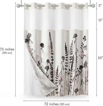 Americanflat 72x75 Hookless Shower Curtain - Water-Resistant Floral Shower Curtain with Sheer Panel, Snap-in Liner, and Grommets - 100% Polyester - Botanical Bathroom Curtains - Black, Pink and White