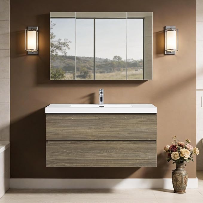 Floating Vanity Bathroom, 42 Inch Bathroom Vanity with Sink, Wall Mounted Single Sink Bathroom Vanity, Soft Closed 2 Drawers, Integrated Sink (Ash Grey)