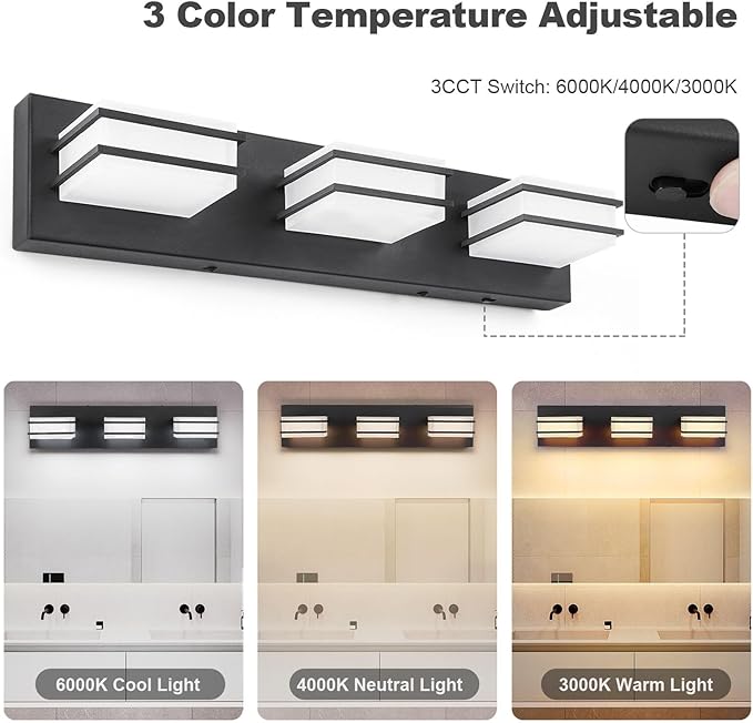 3 Color Temperature Dimmable Bathroom Light Fixtures over Mirror LED Black Vanity Acrylic Stainless Steel Square Shade Lights for Bathroom, ETL Certificated, VL5518