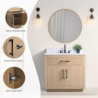 HOMEBEYOND 36 Inch Bathroom Vanity with Single Sink & Ceramic Top, MDF Material Vanity Cabinet with Basin Combo, Soft-Closing Doors, Removable Shelf, Backsplash