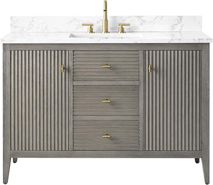 HOMEBEYOND 48" Bathroom Vanity with Sink, Solid Wood Bathroom Vanity Free-Standing Cabinet, Drawers, Ceramic Top & Soft Closing Door, Golden Brushed Handware, Driftwood Gray