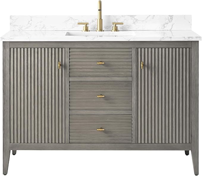 Vanity Art 48 inch Bathroom Vanity with Single Sink & Ceramic Top, Vanity Cabinet with Soft-Closing Door, Solid Wood Frame, Linear Pattern, Driftwood Gray, Golden Brushed Handware VA9148-DG-GB