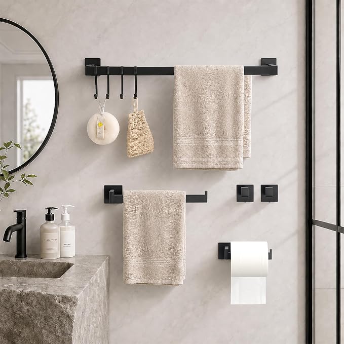 9 Piece Matte Black Bathroom Hardware Set, 24 Inch Double Towel Bar with Removable Hooks, SUS304 Stainless Steel Wall Mounted Heavy Duty Rustproof Accessories for Bathroom Kitchen