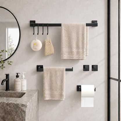 9 Piece Matte Black Bathroom Hardware Set, 24 Inch Double Towel Bar with Removable Hooks, SUS304 Stainless Steel Wall Mounted Heavy Duty Rustproof Accessories for Bathroom Kitchen