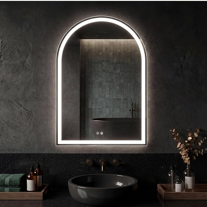 DUMOS 24"×36" LED Bathroom Mirror with Lights, Arched Vanity Mirror with Anti-Fog, Dimmable, 3-Color Light, Memory Function, Tempered Glass