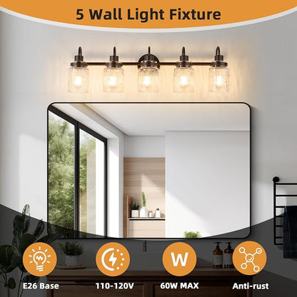 5 Lights Bathroom Vanity Light, Oil Rubbed Bronze Bathroom Light Fixtures with Hammered Glass Lampshade for Dressing Table,Over Mirror,Hallway