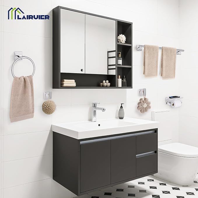Lairuier Bathroom Hardware Set Polish Chrome, Towel Holder Set Wall Mounted | Bathroom Accessories Set, SUS304 Stainless Steel 23.6" Towel Bar, Toilet Paper Holder with Shelf, Towel Ring and Towel Hooks