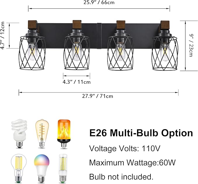 Farmhouse 4-Light Wood Bathroom Vanity Light, Black Metal Cage Shade | Mounted Over Mirror, Industrial Rustic Style, Ideal for Bathroom, Bedroom, Hallway & Living Room, Easy To Install