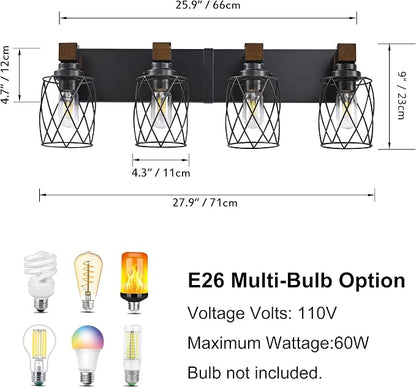 Farmhouse 4-Light Wood Bathroom Vanity Light, Black Metal Cage Shade | Mounted Over Mirror, Industrial Rustic Style, Ideal for Bathroom, Bedroom, Hallway & Living Room, Easy To Install