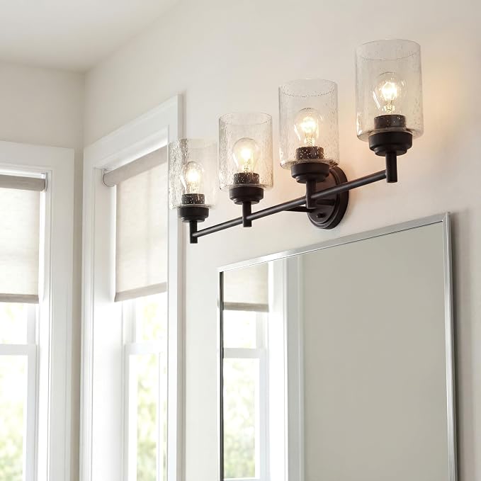 Kichler Winslow 4-Light Farmhouse Vanity Light, Olde Bronze | Clear seeded glass vanity light for bathroom mirrors (30" x 9.25" x 12"), 45887OZ
