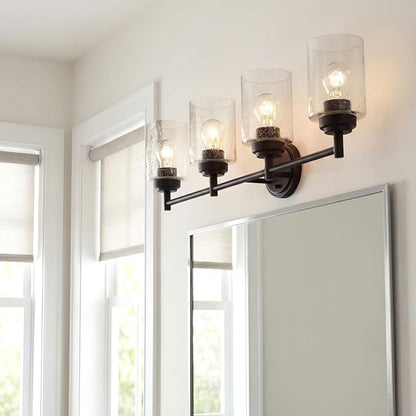 Kichler Winslow 4-Light Farmhouse Vanity Light, Olde Bronze | Clear seeded glass vanity light for bathroom mirrors (30" x 9.25" x 12"), 45887OZ