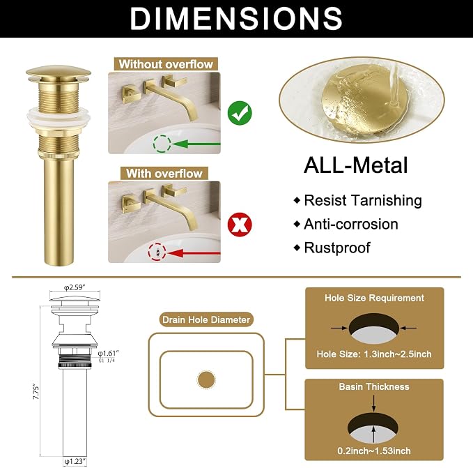 Brass Wall Mount Bathroom Faucet,Wall Mounted Vessel Sink Faucet with Dual Lever Handles,Widespread 3 Holes Wall Faucet for Vanity Lavatory Sink,Pop Up Without Overflow Drain Assembly Included
