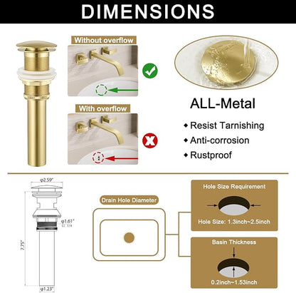 Brass Wall Mount Bathroom Faucet,Wall Mounted Vessel Sink Faucet with Dual Lever Handles,Widespread 3 Holes Wall Faucet for Vanity Lavatory Sink,Pop Up Without Overflow Drain Assembly Included