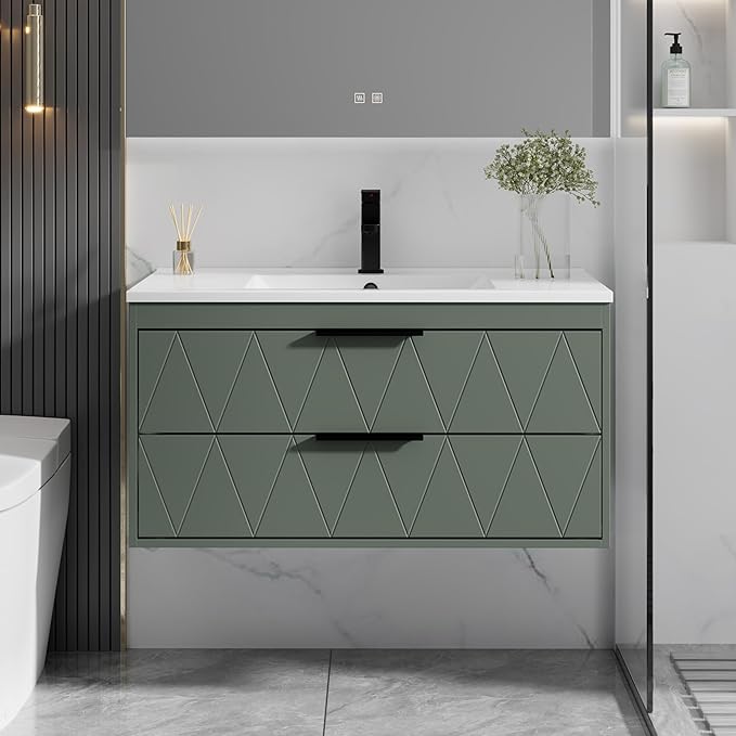eclife 36" Bathroom Vanities Cabinet with Sink Combo, Wall Mounted Floating Cabinet W/Decor Line, Soft-Close System, 2 Extra Big Drawers, Matte Black Faucet, Gray Green
