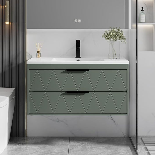 eclife 36" Bathroom Vanities Cabinet with Sink Combo, Wall Mounted Floating Cabinet W/Decor Line, Soft-Close System, 2 Extra Big Drawers, Matte Black Faucet, Gray Green