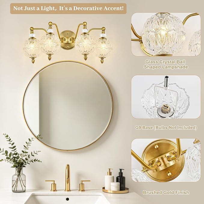 Vintage Bathroom Vanity Light, 4-Light Mid Century Brushed Gold Finish Wall Sconce with Globe Glass Shades, Retro Mirror Light for Bathroom, Powder Room