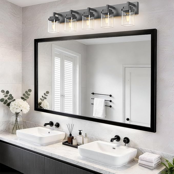 Matte Black Bathroom Light Fixtures, Modern Vanity Lights with Clear Glass Lamp Shade, Bathroom Lighting Fixtures Over Mirror, Restroom Vanity Lighting Fixture, 5-Light 36 Inch