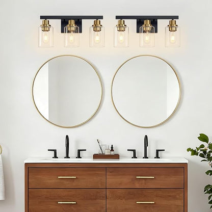 3-Light Bathroom Light Fixtures,Black and Gold Vanity Lights 17" | Modern Wall Sconce Lighting,Vanity Light Over Mirror with Clear Glass Shade,Farmhous Wall Mounted for Bathroom,E26 Base