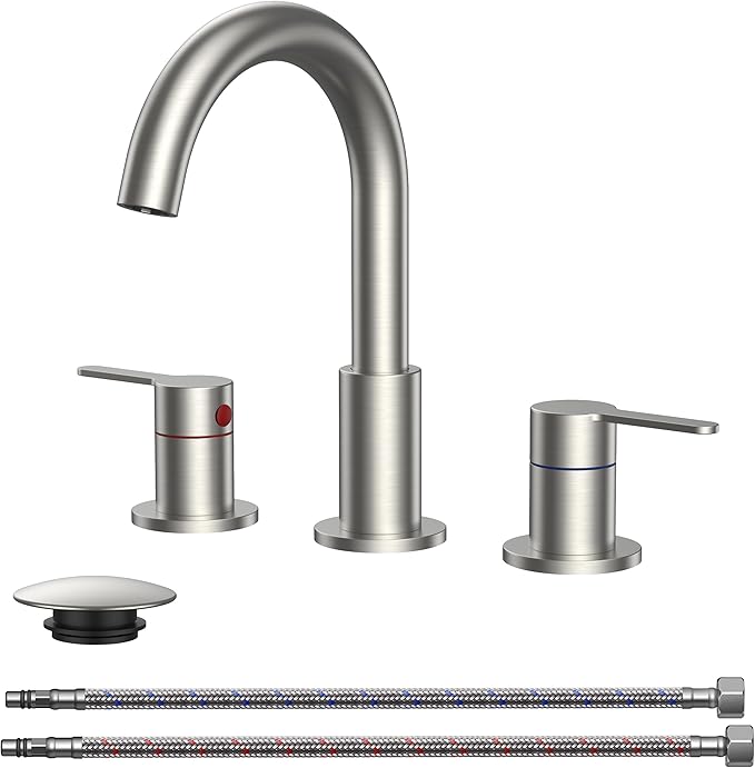 QFN Bathroom Faucets 3 Hole Brushed Nickel, 8 Inch Widespread Vanity Sink Faucet with Aerator, 2 Handle 360° Swivel High Arc Spout, Spot-Free Finish, cUPC NSF Certified and CEC & DOE Compliant