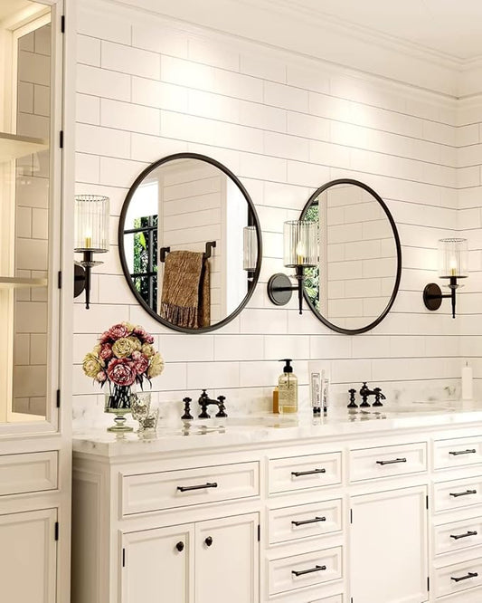 Growsun 24'' Black Round Mirror, Circle Wall Mirror for Bathroom Vanity, Entryway Living Room with Metal Frame for Home Decor