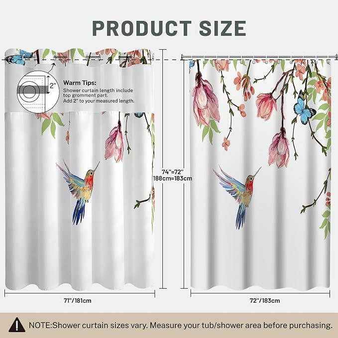 No Hook Floral Shower Curtain with Liner, Pink, 71x74 | Snap in Liner, 3 in 1, Water Repellent, Easy Install, Machine Washable, Hotel Style for Bathroom, Watercolor Pattern