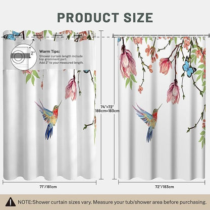 No Hook Floral Shower Curtain with Liner, Pink, 71x74 | Snap in Liner, 3 in 1, Water Repellent, Easy Install, Machine Washable, Hotel Style for Bathroom, Watercolor Pattern