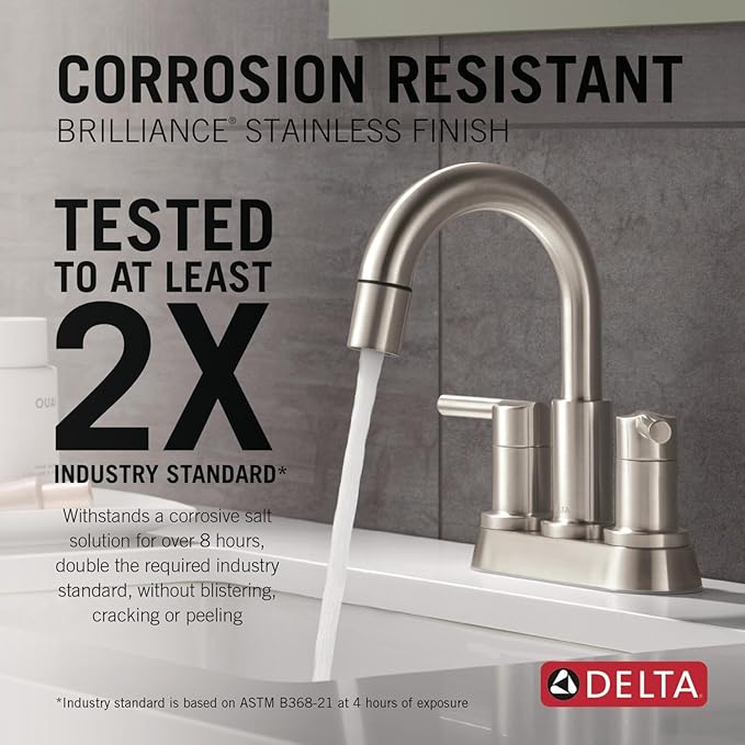 Delta Nicoli Centerset Brushed Nickel Bathroom Faucet with Sprayer, 4 Inch 3 Hole Bathroom Sink Faucet with Pull Out Sprayer, Push-Pop Drain, Stainless 25749LF-SSPD