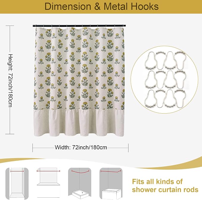 ORTIGIA Linen Textured Ruffle Shower Curtain with Metal Hooks, Vintage Yellow Floral Block Print Boho Waterproof Bath Curtain for Rustic Farmhouse Bathroom Decor 72x72 Inch