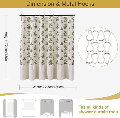 ORTIGIA Linen Textured Ruffle Shower Curtain with Metal Hooks, Vintage Yellow Floral Block Print Boho Waterproof Bath Curtain for Rustic Farmhouse Bathroom Decor 72x72 Inch