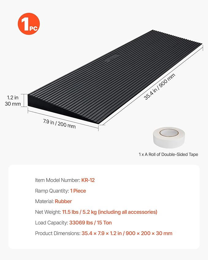 VEVOR 1.2" Rise Cuttable Threshold Ramp for Doorways, 35.4" Wide Natural Rubber Wheelchair Ramp, Non-Slip Solid Rubber Ramp with Double-Sided Tape for Doorways, Driveways, Bathroom, Smooth Tile