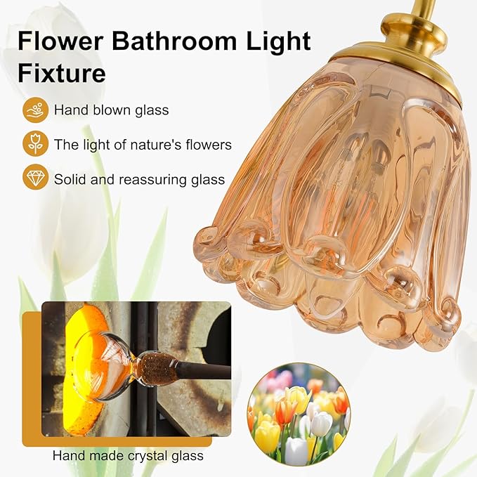 Bathroom Light Fixtures (3-Light), Vintage Brushed Gold Vanity Lights for Bathroom with Amber Tulip Crystal Glass Shade, Vanity Wall Light Over Mirror for Bedroom Living Room Hallway