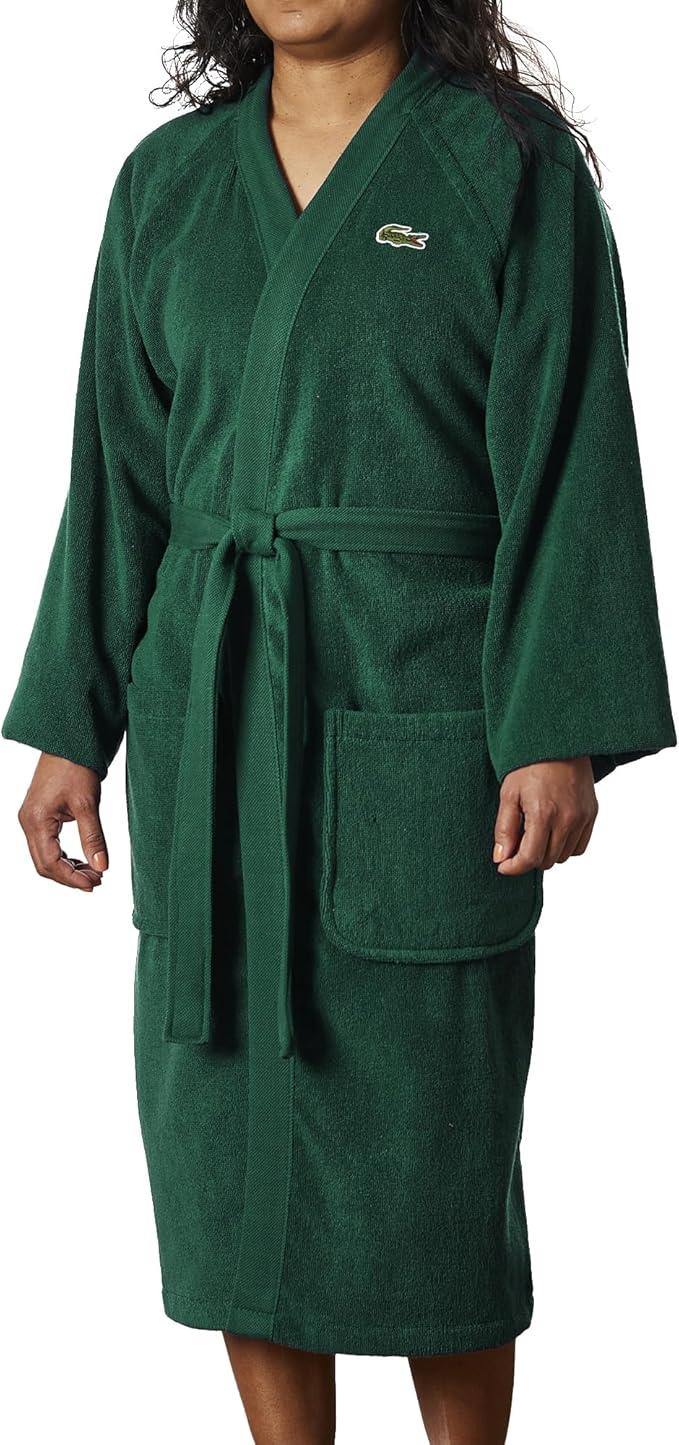 Lacoste Classic Pique Bath Robe, 100% Soft Cotton Terry, Unisex Adult Bathrobe, Absorbent & Quick Drying, One Size Fits Most
