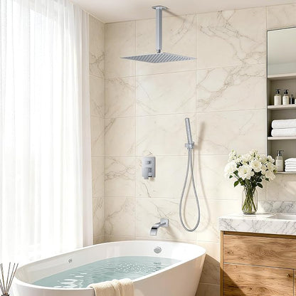 Chrome Shower System with Tub Spout, Ceiling Mounted Bathtub Shower Faucet Set, 12" Rainfall Shower Head and Handheld Shower Combo, High Pressure Shower Fixtures Set with Rough-in Valve